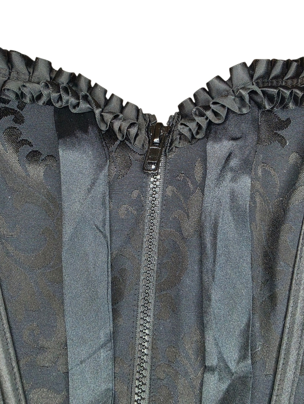 Shirley of Hollywood Black Brocade Ruffle Corset - Size 32 - Picture 2 of 5